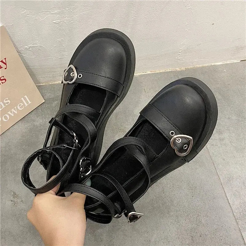 creamtopmall-Shoes Lolita shoes Women heels platform mary janes Star Buckle Strap Mary Janes Women Cross-tied Girls Rivet Casual kawaii shoes