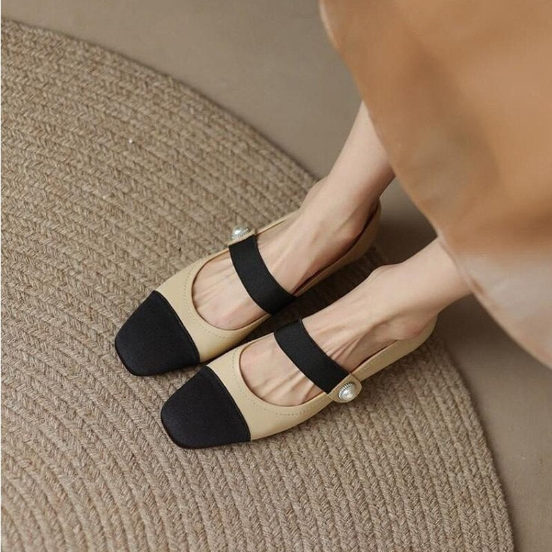 creamtopmall Spring New Ladies Single Shoes Shallow Mouth Color Matching Women's Pumps Classic Pearl Fashionable One-line Belt Female Shoes