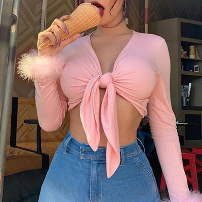 creamtopmall-Sexy Bandage Wrap Chest V Neck Bare Midriff Short T Shirt Women Fluffy Long Sleeves Bottoming Shirt Ladies T Shirt Tops Mujer