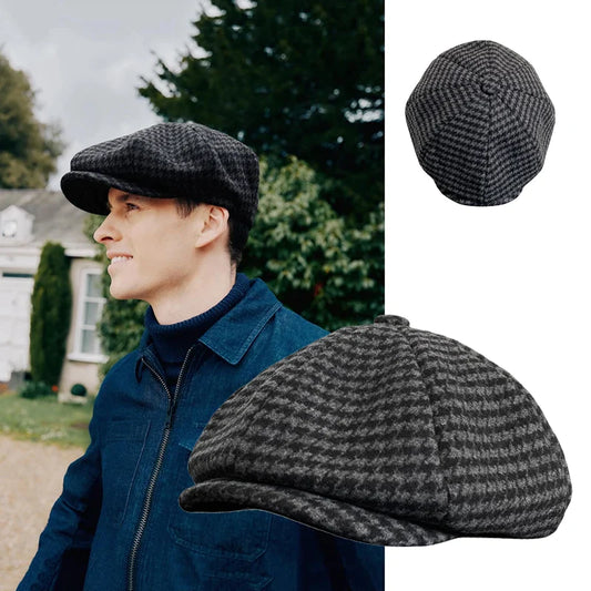 Antmvs-Retro Plaid Newsboy Hat Men Beret Black Beret Hats Peaked Octagonal with Brim Caps Winter Spring Beret NC16