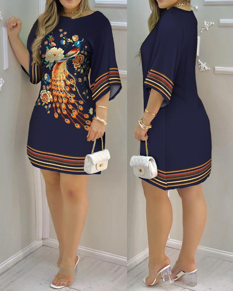 creamtopmall Women's Dresses 2023 Spring Fashion Peacock Print Casual Round Neck Long Sleeve Daily Mini Loose Dress