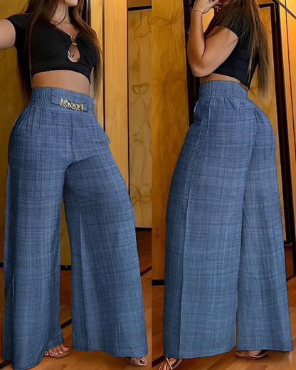 creamtopmall Women's Pants 2023 Spring Fashion Chain Decor High Waist Casual Plain Pocket Design Daily Wide Leg Long Pants Y2K Streetwear