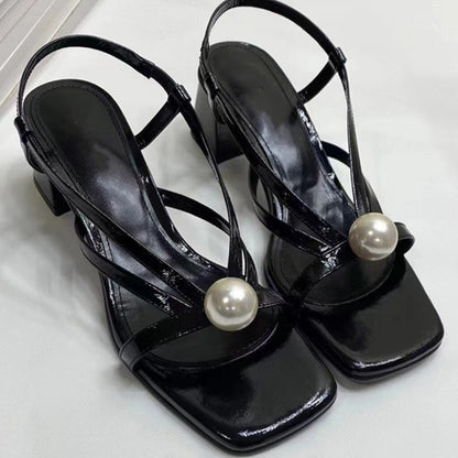 creamtopmall Summer New Women's Shoes Pearl Square Toe Open Toe Thick Heels Retro Simple Style Thin Strap Combination Ladies Sandals