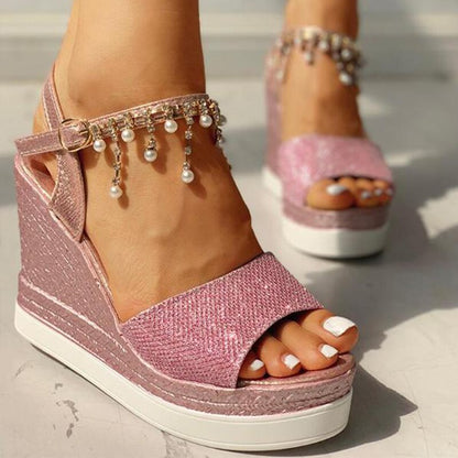 creamtopmall New Women Wedge Sandals Summer Bead Studded Detail Platform Sandals Buckle Strap Peep Toe Thick Bottom Casual Shoes Ladies