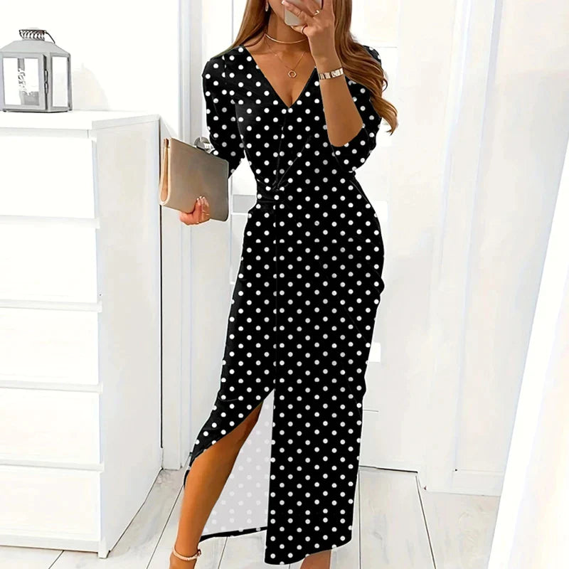 creamtopmall-Women Elegant Diamond Print Slit Long Dress Spring Sexy V-neck High Waist Tunic Party Dress Autumn Long Sleeve Slim Office Dress