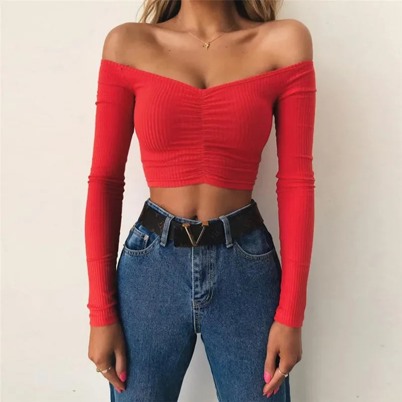 creamtopmall-Sexy Off Shoulder Bare Midriff Folds Rib T Shirt Women Long Sleeves Slash Neck Short Tshirt Ladies Tee Shirt Camisetas Mujer