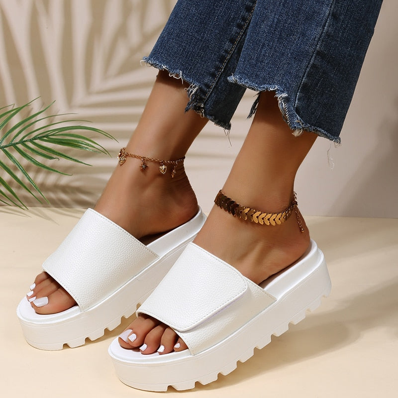 Antmvs Black PU Leather Platform Slippers Women Plus Size 43 Thick Soled Sandals Woman  Summer Non-slip Slides Shoes Female