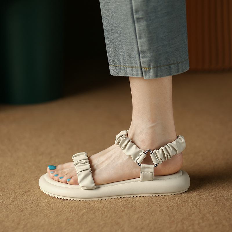 creamtopmall New Summer Woman Sandal Open-toe Low-heeled Platform Pleated Decorative Female Slipper Fashion High Quality Simplicity Lady Shoe