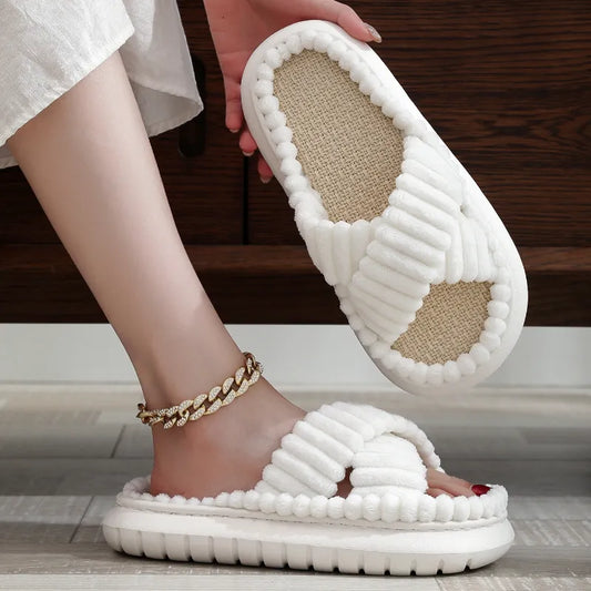 creamtopmall-2024 rNew Women Home Slippers Open-Toe Cross Band Linen Soled Indoor Slides Linen Soled Non-Slip Bathroom Slippers