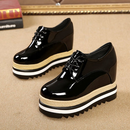 creamtopmall Brand Spring Casual Solid Women Shoes Patent Leather Lace-Up Loafers Platforms Sneakers British Style Ladies Oxfords W4