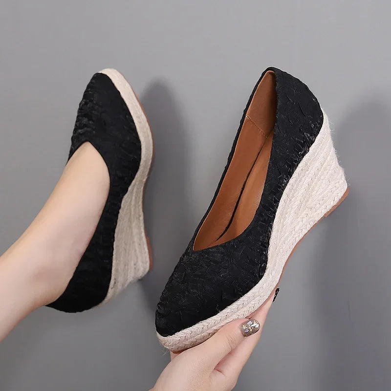 creamtopmall-New Pointed Shallow Mouth Women Wedge Heel Thick Sole Single Shoes Women Straw Woven Twine rope sole Spring Autumn Shoes