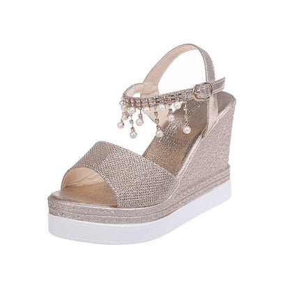 creamtopmall New Women Wedge Sandals Summer Bead Studded Detail Platform Sandals Buckle Strap Peep Toe Thick Bottom Casual Shoes Ladies