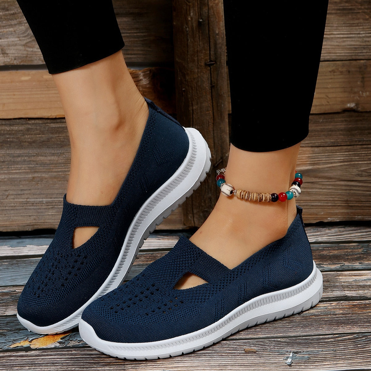 creamtopmall Soft Bottom Knitted Flat Shoes for Women  Summer Breathable Mesh Slip On Sneakers Woman Non Slip Light Casual Loafers 36-42