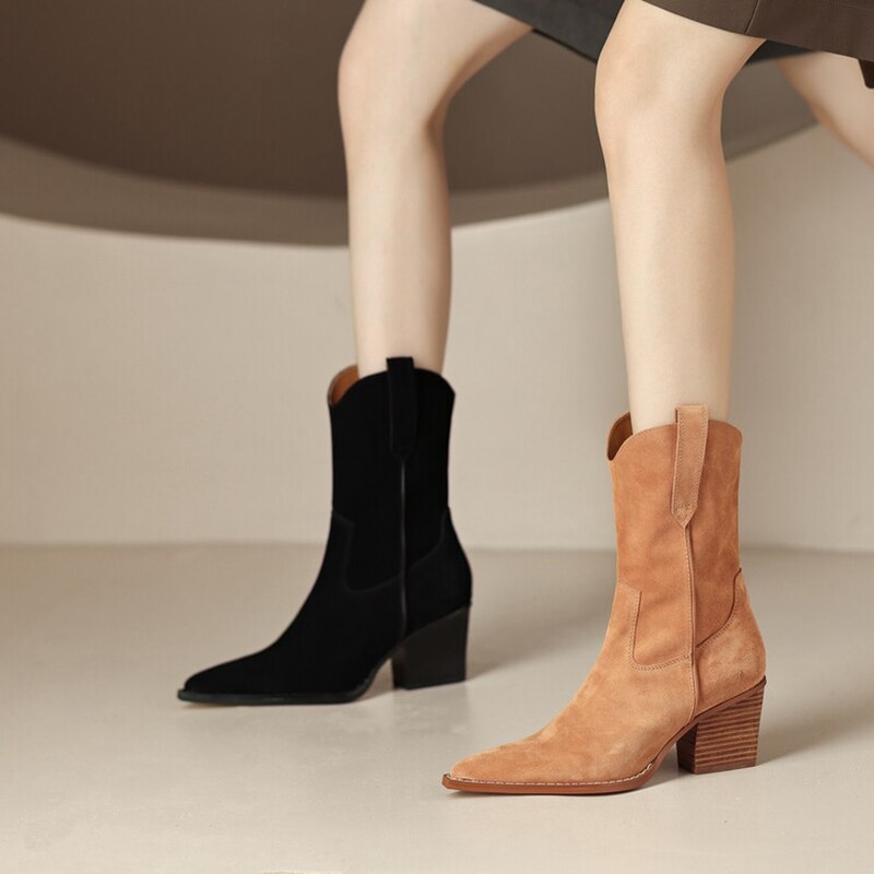 creamtopmall NEW Autumn Women's Boots Cow Suede Shoes Women Pointed Toe Chunky Heel Women Boots Winter Short Western Boots Women Cowboy Boots