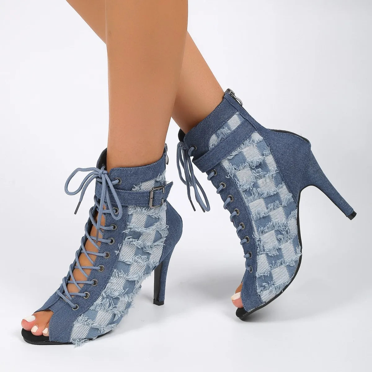 creamtopmall-Rubber Sole Latin Dance Boots Sexy Modern Shoes Dance High-heeled 9cm Sandals Lace-up Hollow Belt Buckle Fashion Square Denim