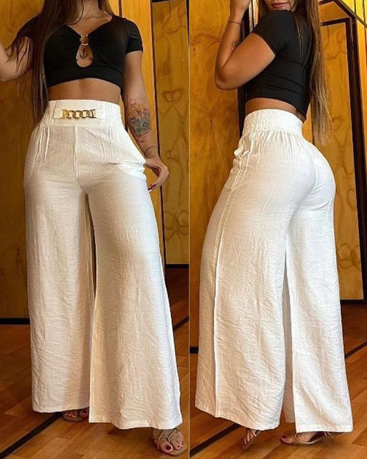 creamtopmall Women's Pants 2023 Spring Fashion Chain Decor High Waist Casual Plain Pocket Design Daily Wide Leg Long Pants Y2K Streetwear