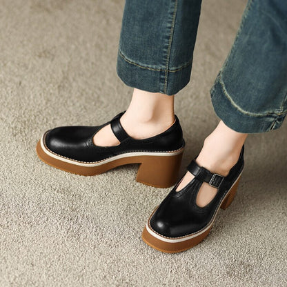 creamtopmall NEW Spring Women Shoes Round Toe Chunky Heel Mary Janes Split Leather Platform Shoes for Women Fashion Solid High Heels Women