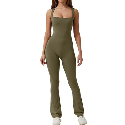 creamtopmall-Women's Full-Length Tank Slim and Sexy Jumpsuit Solid Color Long Sleeve Low Cut Square Neck Bodycon Romper for Yoga