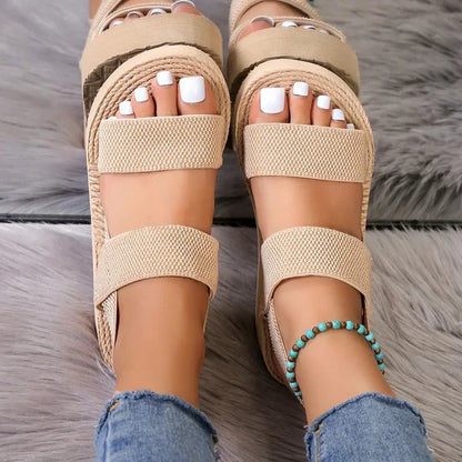 creamtopmall-Summer Fashion Women Sandals Peep Toes Thick Sole Sloping Heels Comfortable Casual Shoes For Women Solid Buckle  Flat Shoe