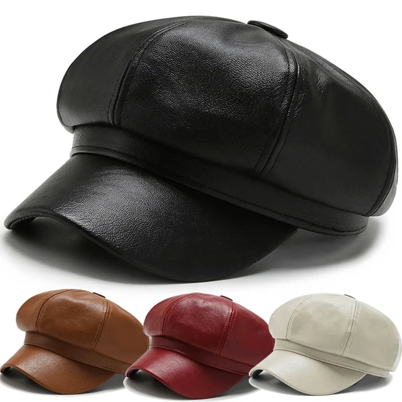 creamtopmall-Women Men PU Leather Berets Hat Retro British Solid Beret Baseball Cap Outdoor Sun Hat Winter Warm Octagonal Hats Newsboy Caps