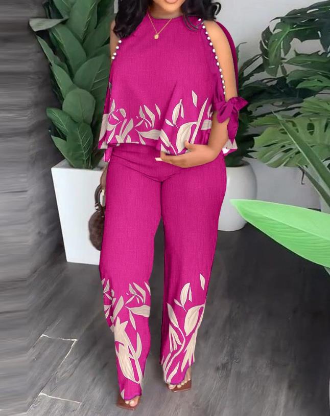 creamtopmall Two Piece Sets Women Outifit 2023 Summer Fashion Plants Print Split Sleeve O-Neck Top & Casual Straight Leg Pants Set Streetwear