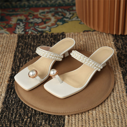 creamtopmall New Summer Women Sandals Pearl Beads Square Toe Stiletto Heel Females Slippers Fashion High Quality Simplicity Breathable mules