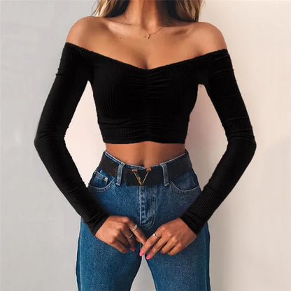 creamtopmall-Sexy Off Shoulder Bare Midriff Folds Rib T Shirt Women Long Sleeves Slash Neck Short Tshirt Ladies Tee Shirt Camisetas Mujer