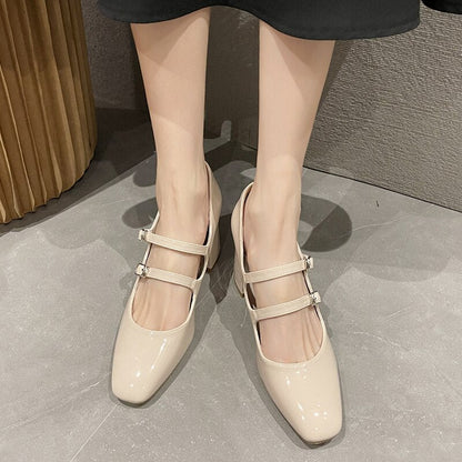 creamtopmall Thick High Heels Mary Jane Shoes for Women Spring 2022 Fashion Double Buckle Strap Pumps Women Black Patent Leather Shoes