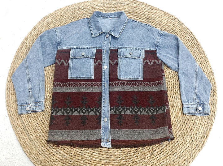 Creamtopmall Retro Aztec Lapel Pocket Denim Patchwork Jacket