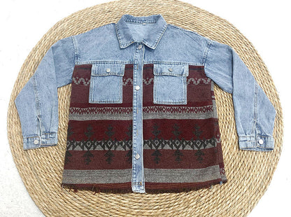 Creamtopmall Retro Aztec Lapel Pocket Denim Patchwork Jacket