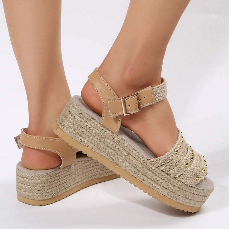 Antmvs Women's Chunky Platform Sandals Thick Bottom Rivet Espadrilles Women Shoes  Summer Weaving Gladiator Sandals Woman Plus Size