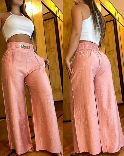 creamtopmall Women's Pants 2023 Spring Fashion Chain Decor High Waist Casual Plain Pocket Design Daily Wide Leg Long Pants Y2K Streetwear