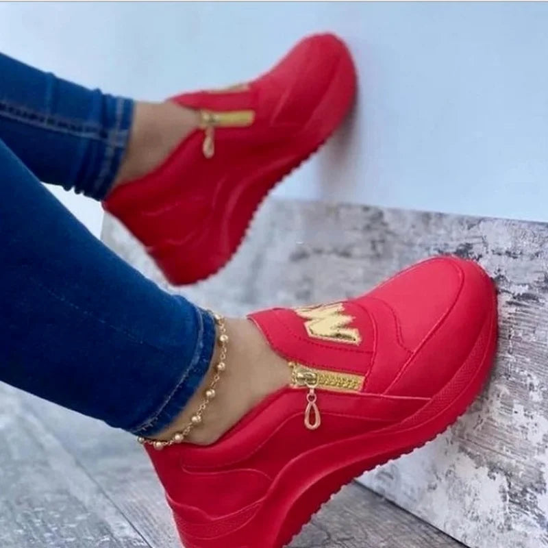 creamtopmall-Women Sport Shoes Thick Bottom Solid Color Ladies Vulcanized Sneakers Casual Wedge Walking Shoes Slip On Zipper Women Shoes