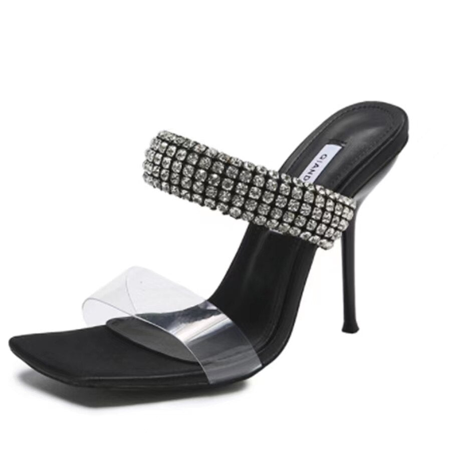 creamtopmall Women Sandals Summer High Heel Rhinestones Square Toe Lady Pump Fashion Leisure   Back Open Toe Concise Female Shoe