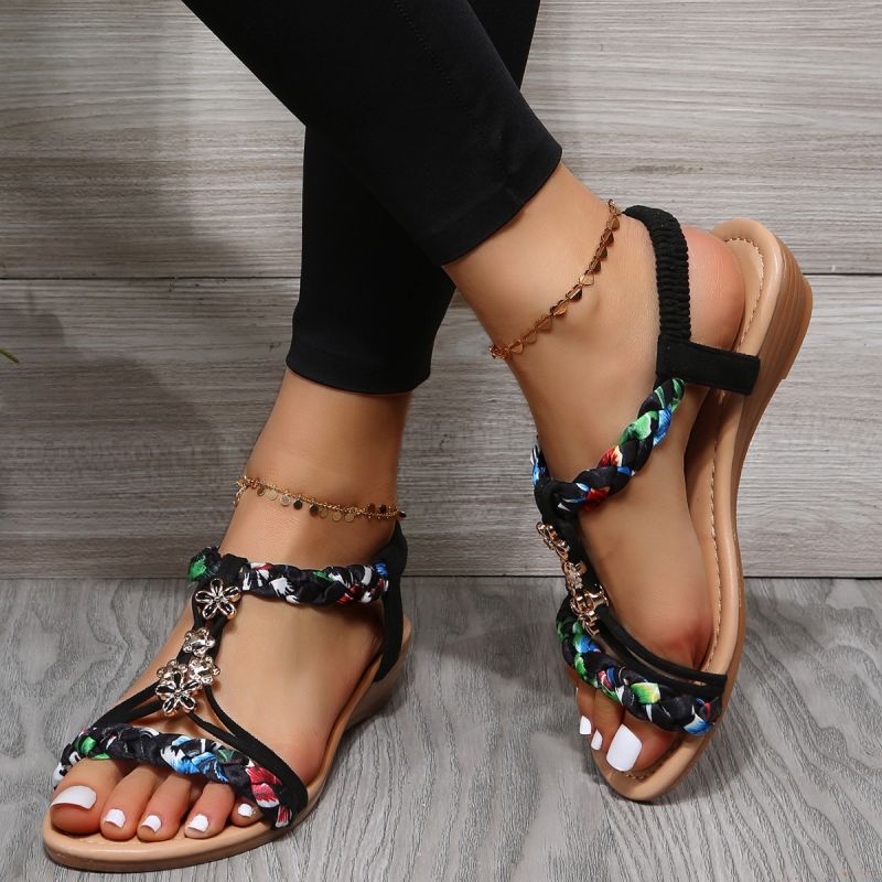 creamtopmall Women Wedges Bohemian Sandals Summer 2023 Flower Non Slip Beach Sandalias Mujer Elastic Band Low Heels Roman Shoes Woman