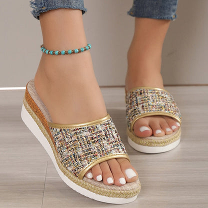 Antmvs  New Fashion Striped Platform Slippers Women Summer Canvas Wedge Sandals Woman Plus Size Non Slip Casual Slippers