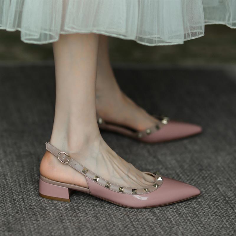 creamtopmall New Summer Women Sandals Rivet Pointed Toe Chunky Heel Low Heel Flat Females Pumps Fashion High Quality Elegant Noble Lady Shoe