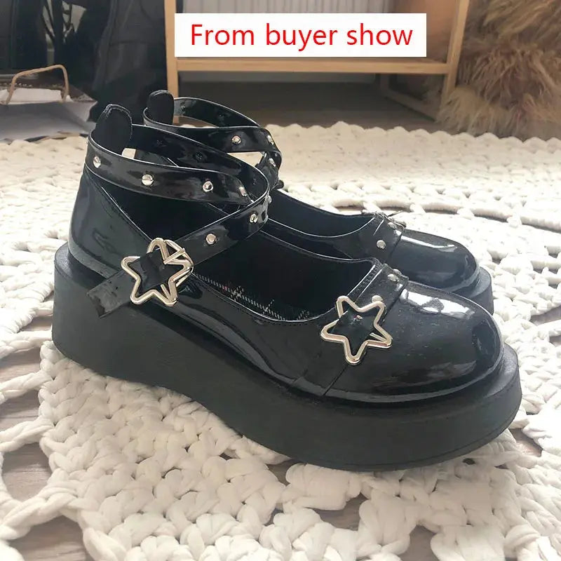 creamtopmall-Shoes Lolita shoes Women heels platform mary janes Star Buckle Strap Mary Janes Women Cross-tied Girls Rivet Casual kawaii shoes