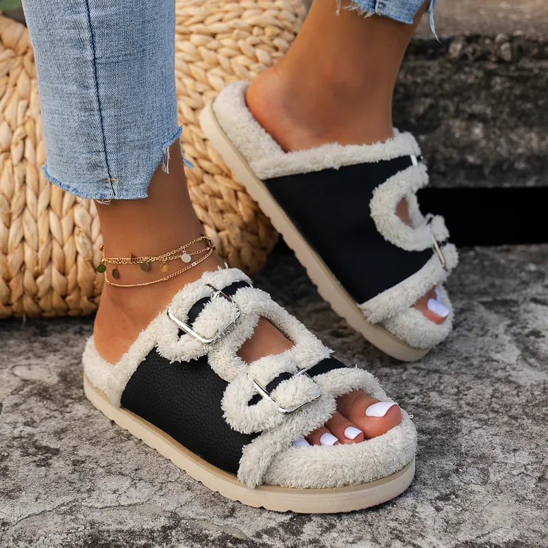 Women's Slippers Fur Plush Platform Wear Non-slip Slippers Casual Fashion Pin Buckle Roman Flip-flops Winter New Style