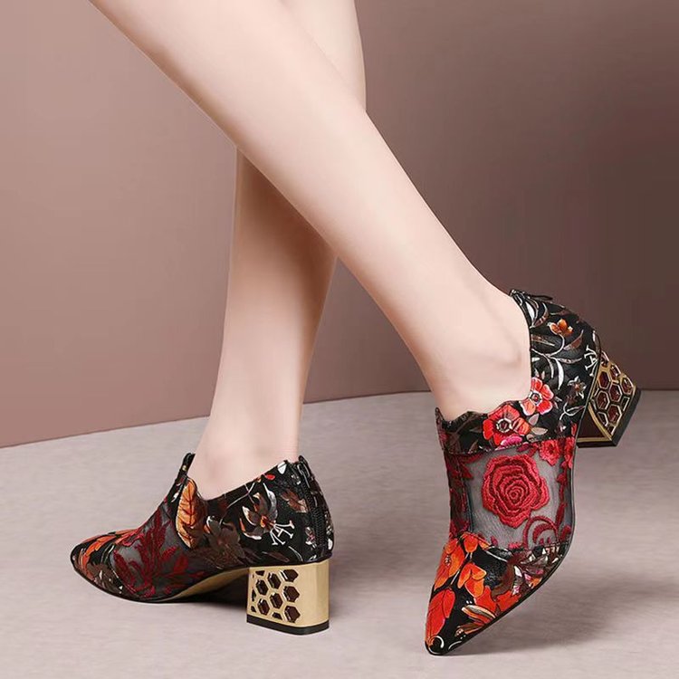 creamtopmall New Fashion Personality Pointed Toe Sandals Women Summer New Mid Heel Square Heel Zipper Printed Casual Ladies High Heels