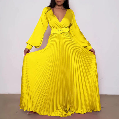 creamtopmall-Women Sexy Deep V-neck Swing Pleated Long Dress Spring High Waist Tie-up Belted Maxi Dress Autumn Long Sleeve Boho Party Dresses