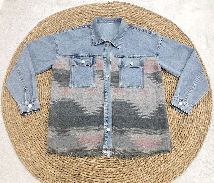 Creamtopmall Retro Aztec Lapel Pocket Denim Patchwork Jacket