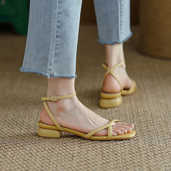 creamtopmall Summer Women Sandals Square Toe Chunky Square Heel Buckle Strap Open Toe Females Slippers Fashion Elegant Cozy Footwear