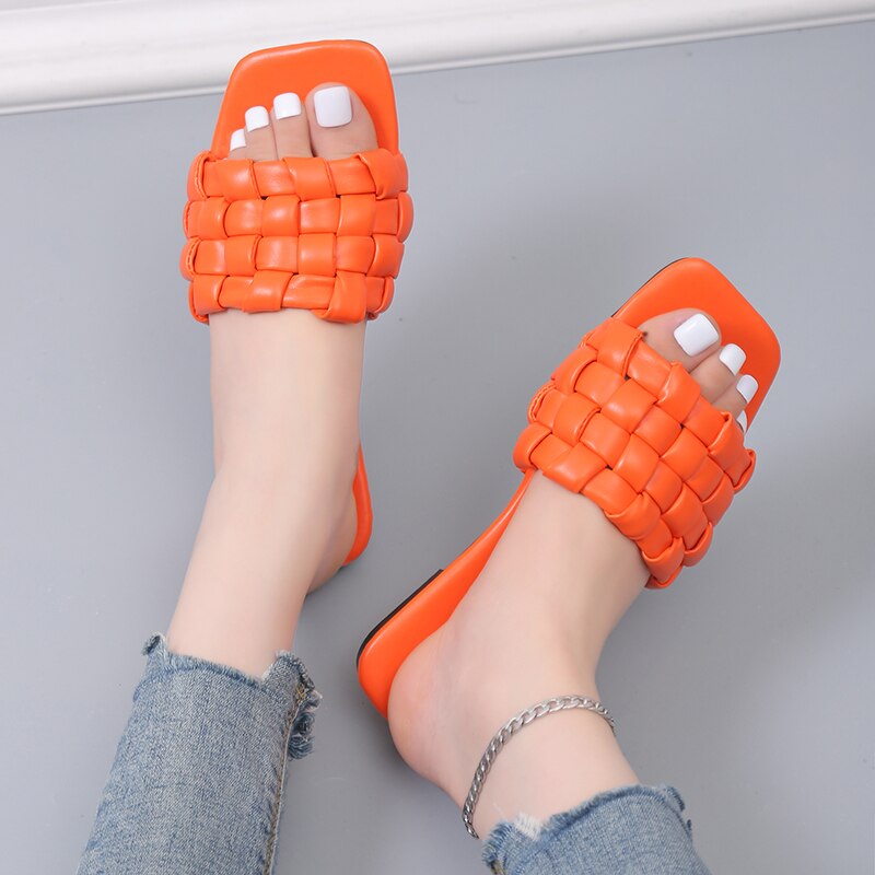 creamtopmall Design Weave Soft Slippers for Women Summer  Orange PU Leather Beach Flip Flops Female Square Toe Flat Sandals Plus Size 43