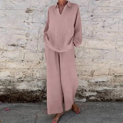 creamtopmall-Harajuku Vintage Solid Cotton Linen Women Sets Simple Casual V-neck Top Pullover & Wide Leg Pants Outfits Spring Fall Loose Suit