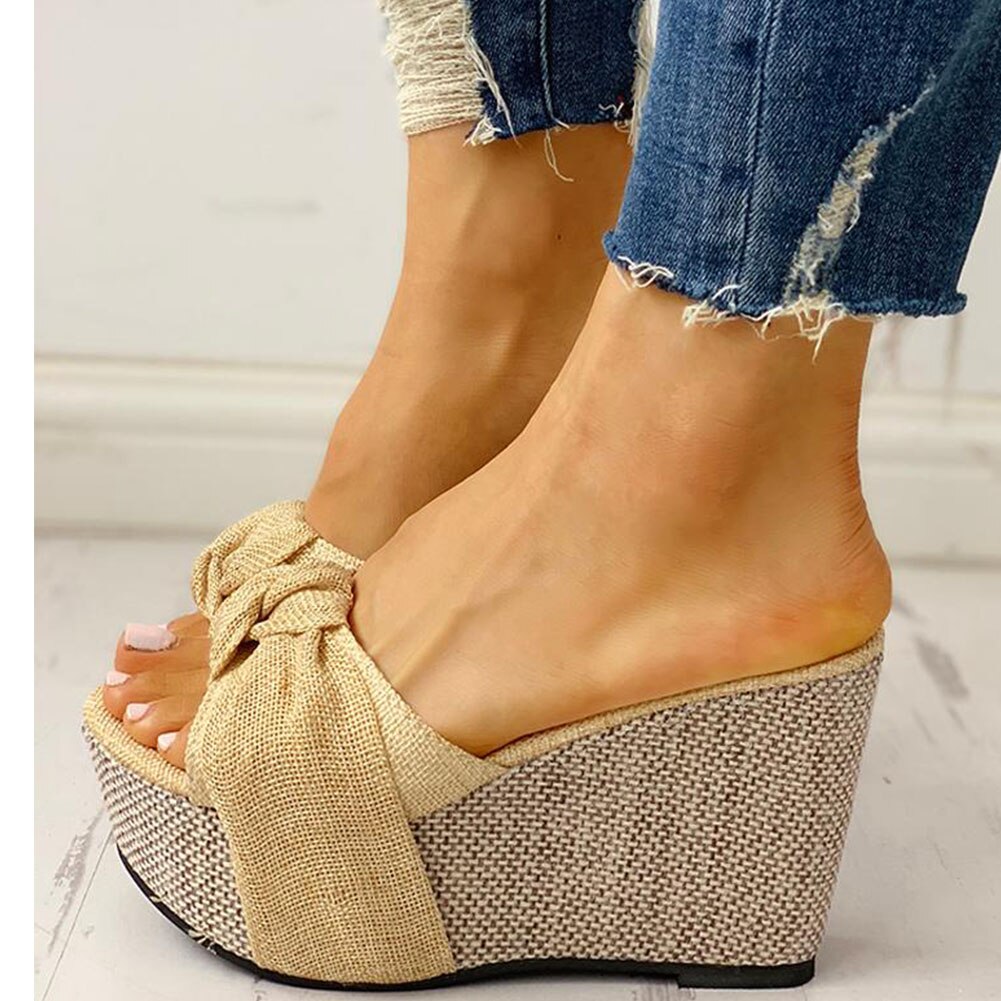 creamtopmall Bow Tied Slip on Leisure Platform Summer Sandals 2020 Wedges High Heels Women Shoes Woman Mules Flip Flops