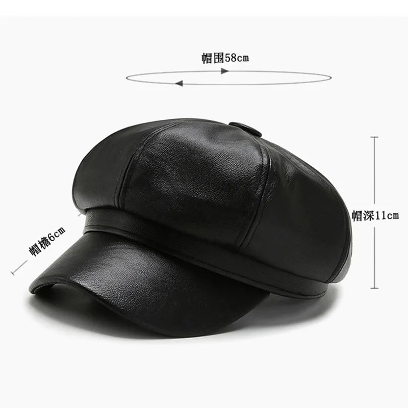 creamtopmall-Women Men PU Leather Berets Hat Retro British Solid Beret Baseball Cap Outdoor Sun Hat Winter Warm Octagonal Hats Newsboy Caps