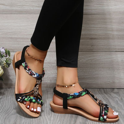 creamtopmall Women Wedges Bohemian Sandals Summer 2023 Flower Non Slip Beach Sandalias Mujer Elastic Band Low Heels Roman Shoes Woman