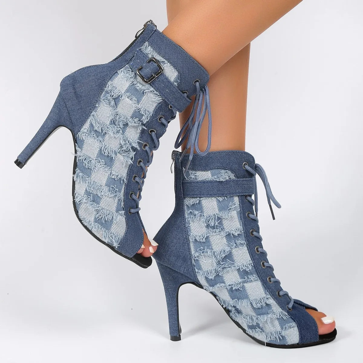 creamtopmall-Rubber Sole Latin Dance Boots Sexy Modern Shoes Dance High-heeled 9cm Sandals Lace-up Hollow Belt Buckle Fashion Square Denim