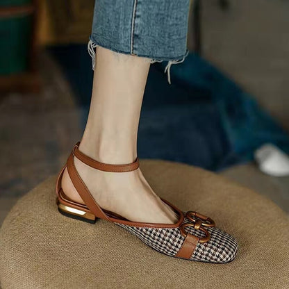 creamtopmall New French Retro Ladies Flats Korean Style One Line Buckle Female Sandals Fashionable Plaid Thick Heel Women's Shoes